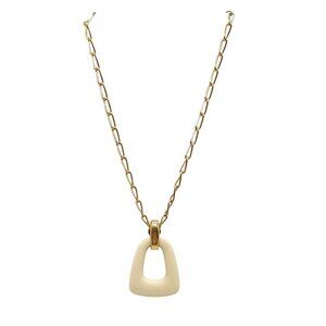 Trifari Mid Century Gold Tone Chain Necklace With Cream Enamel Pendant 16 Inches